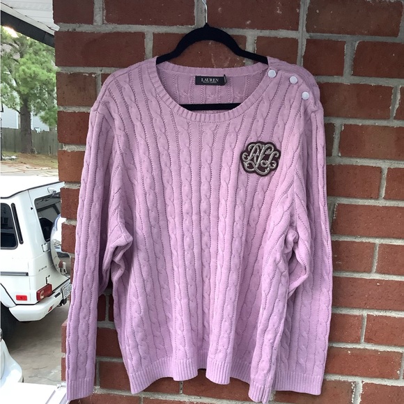 NWT Lauren Ralph Lauren Sweater Women's Sz 3X Purple Cable Knit Monogram Crest P - Picture 4 of 6